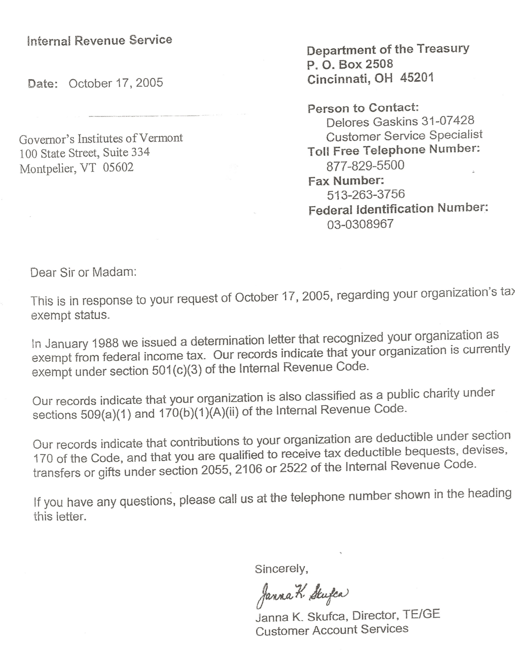 IRS 501(c)3 Tax Determination Letter